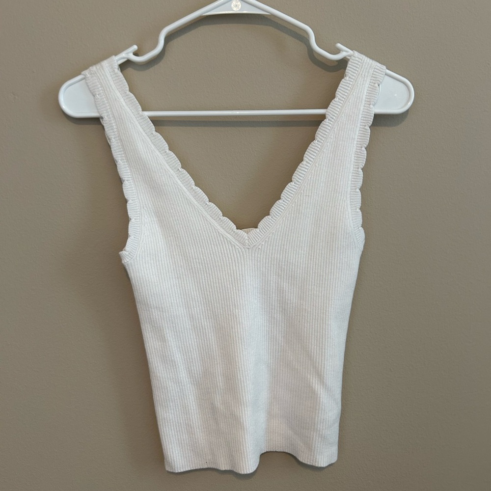 Aerie Cream Ribbed V-Neck Top